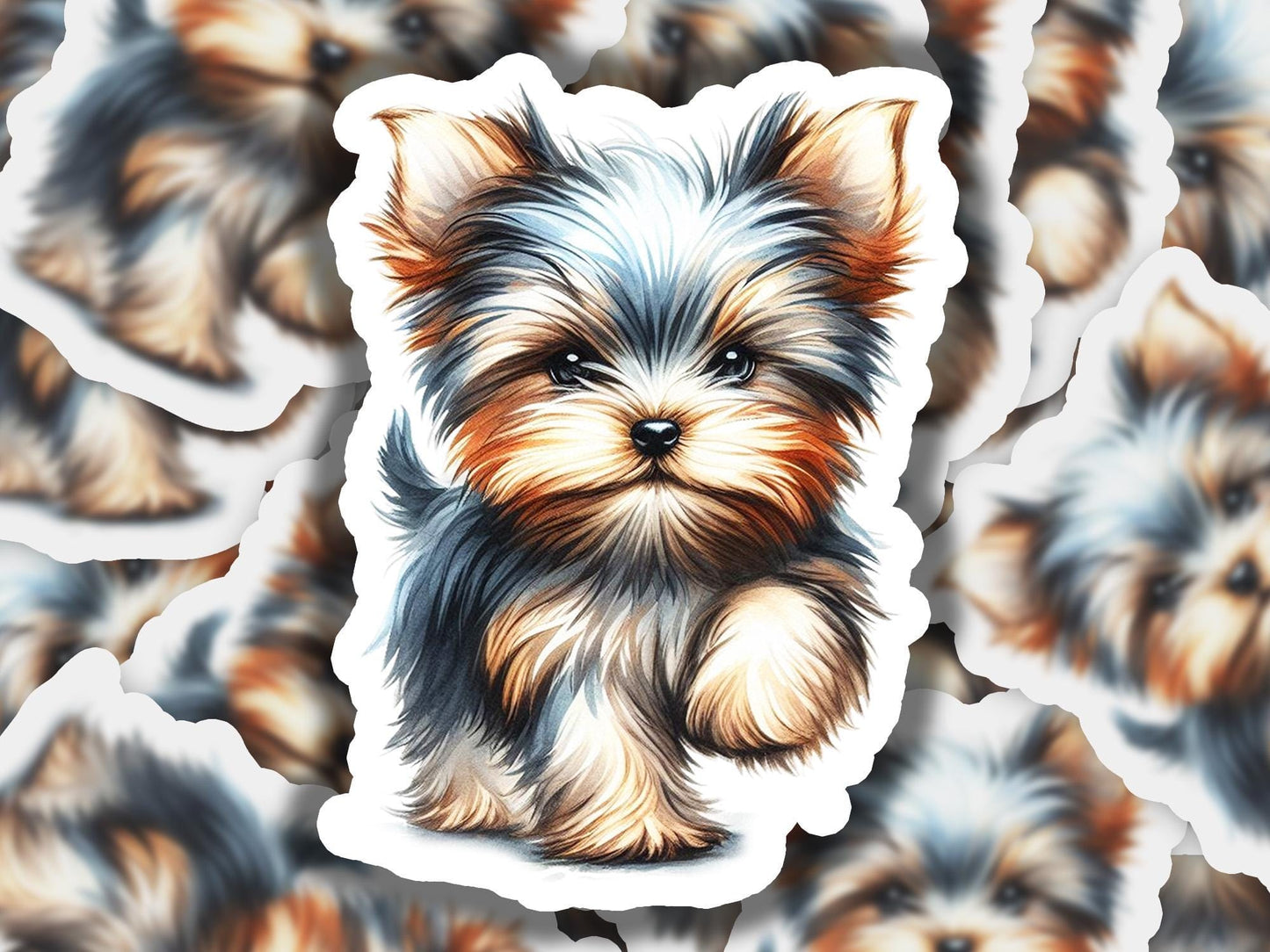 a sticker of a small dog sitting on top of a pile of smaller dogs