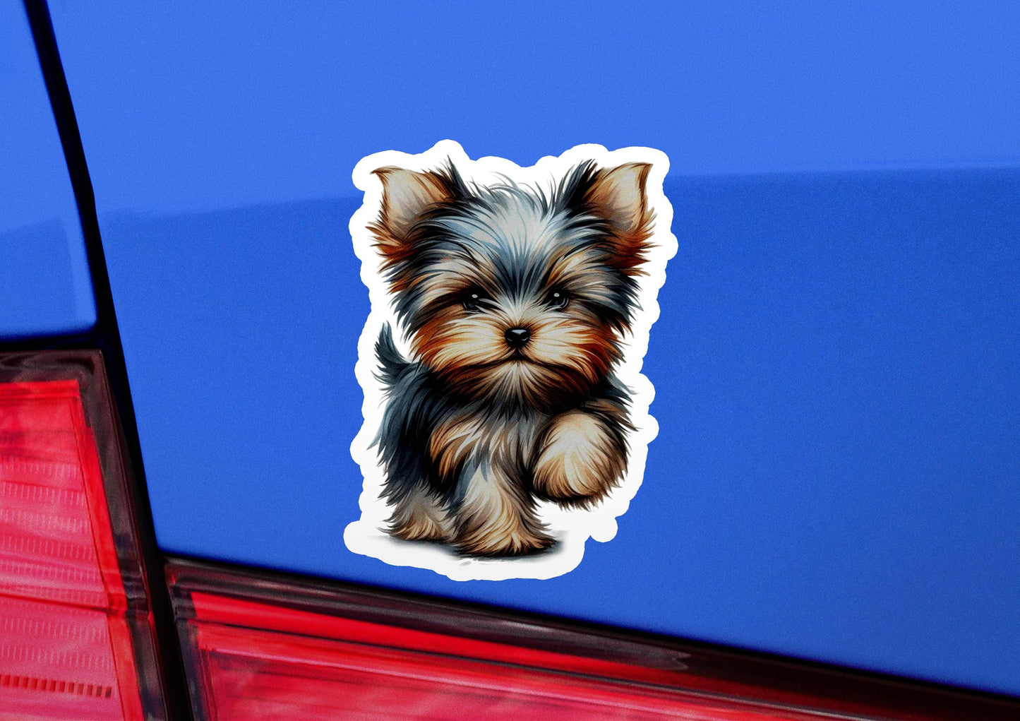 a sticker of a dog sitting on the back of a car