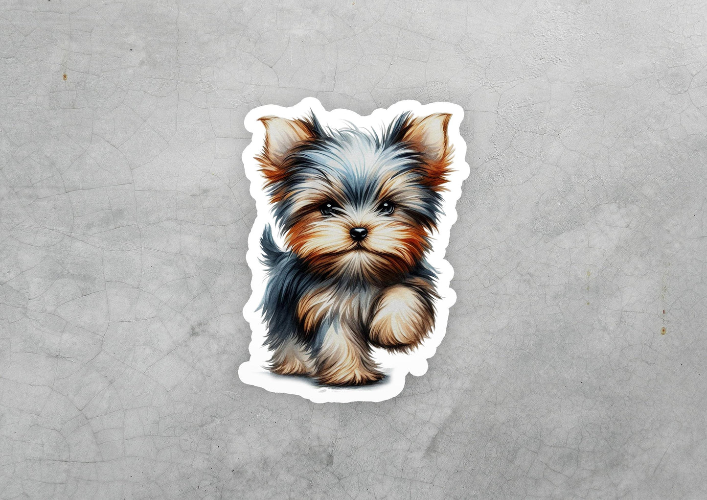 a sticker of a small dog sitting on top of a table