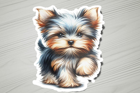 a sticker of a small dog sitting on top of a table