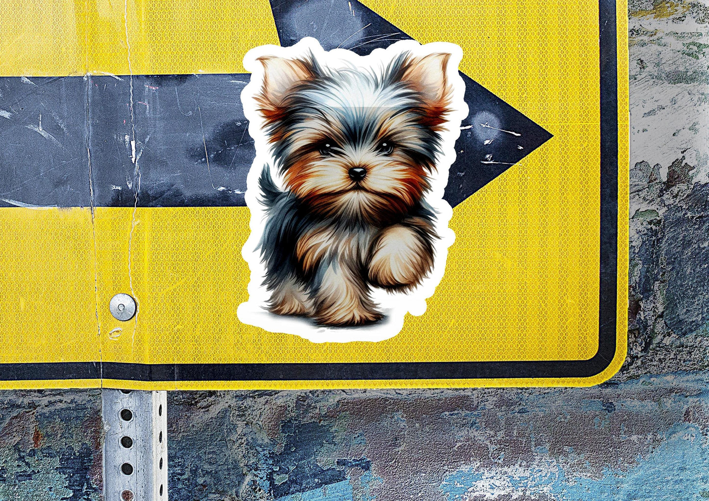 a sticker of a small dog sitting on a street sign
