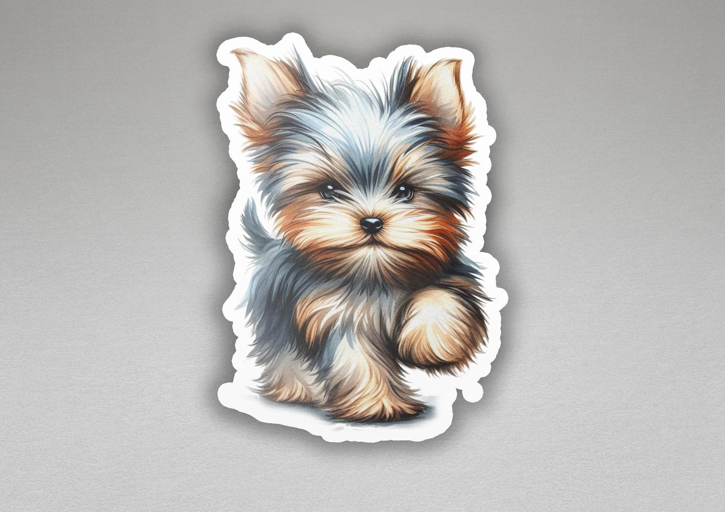 a sticker of a small dog sitting on top of a table