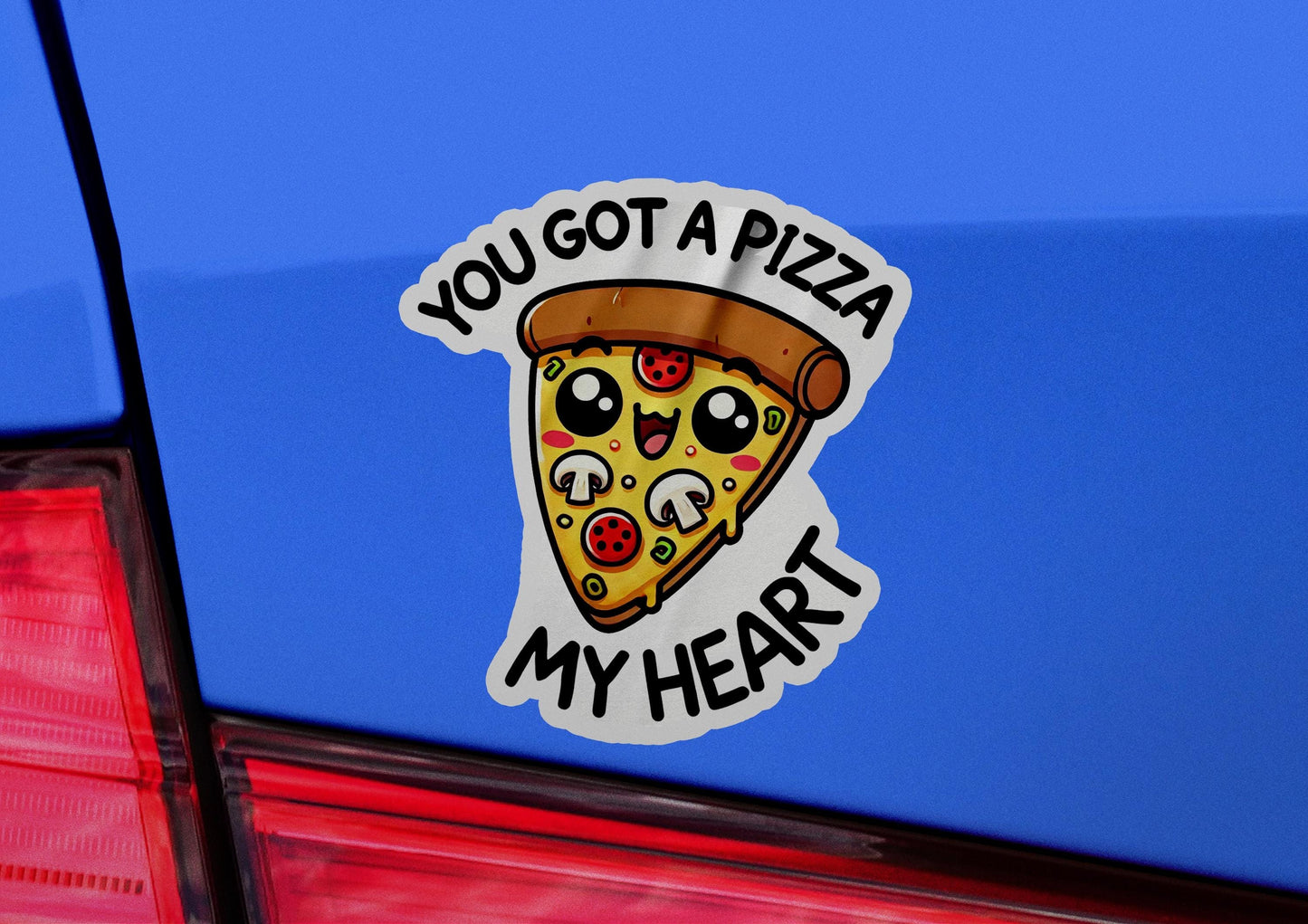 a sticker of a slice of pizza on the back of a car