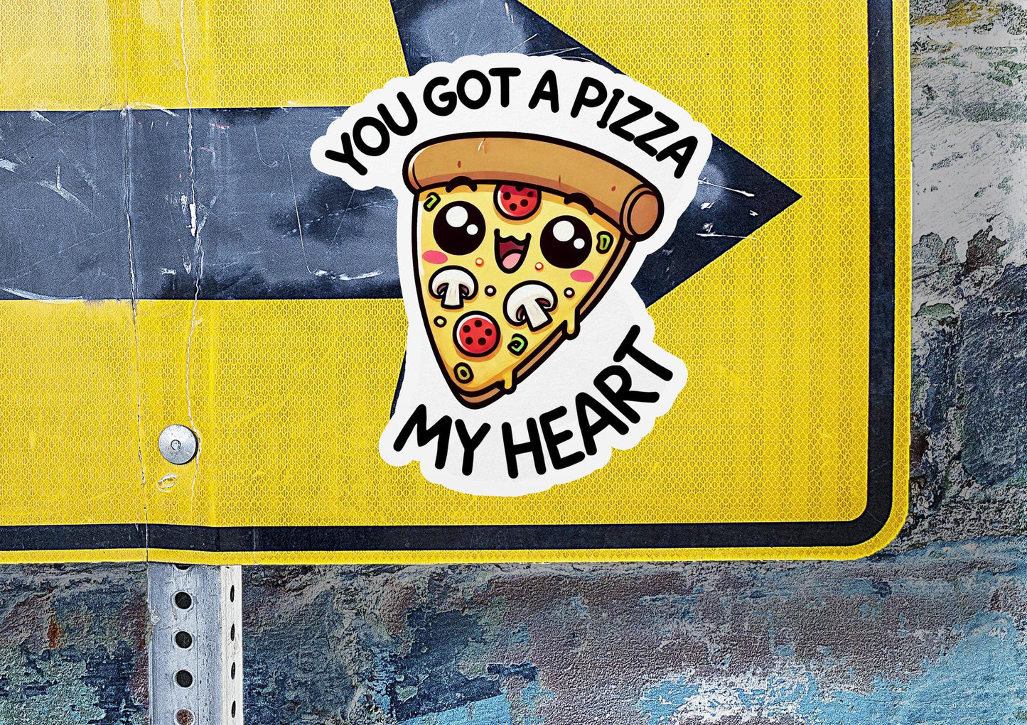 a yellow street sign with a slice of pizza on it