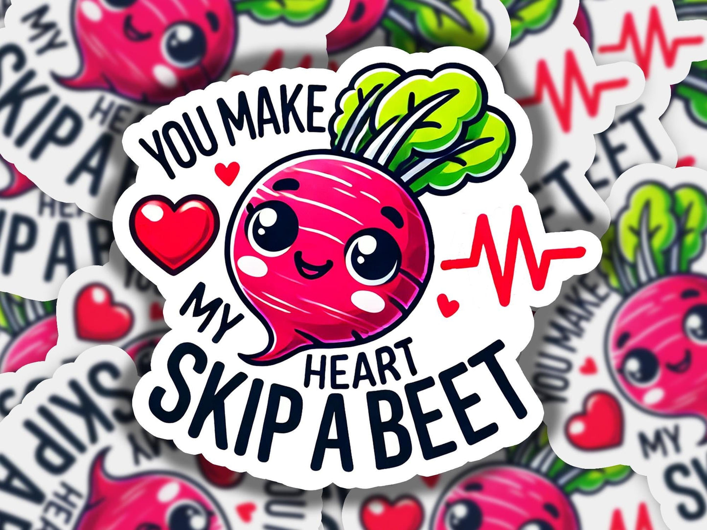 a pile of stickers with a radish on them
