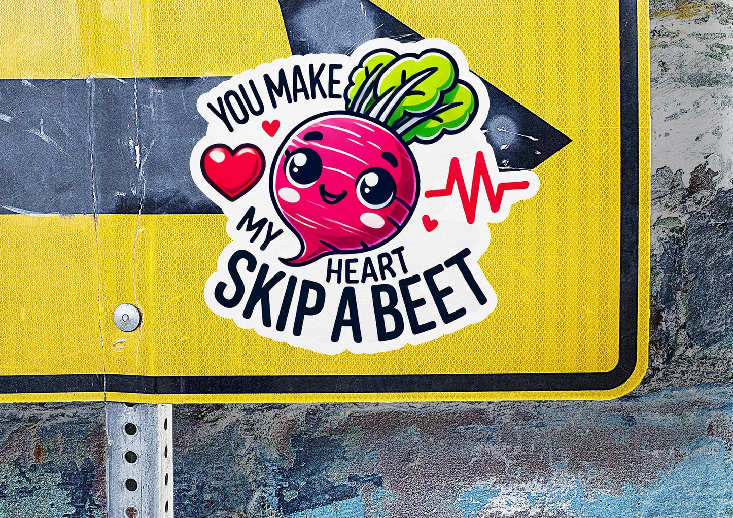 a street sign with a sticker of a beet on it