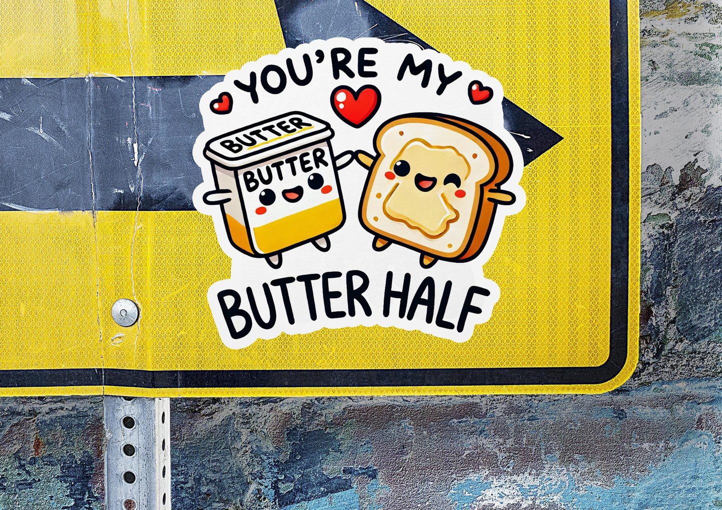 a sticker of a peanut butter and jelly sandwich on a street sign