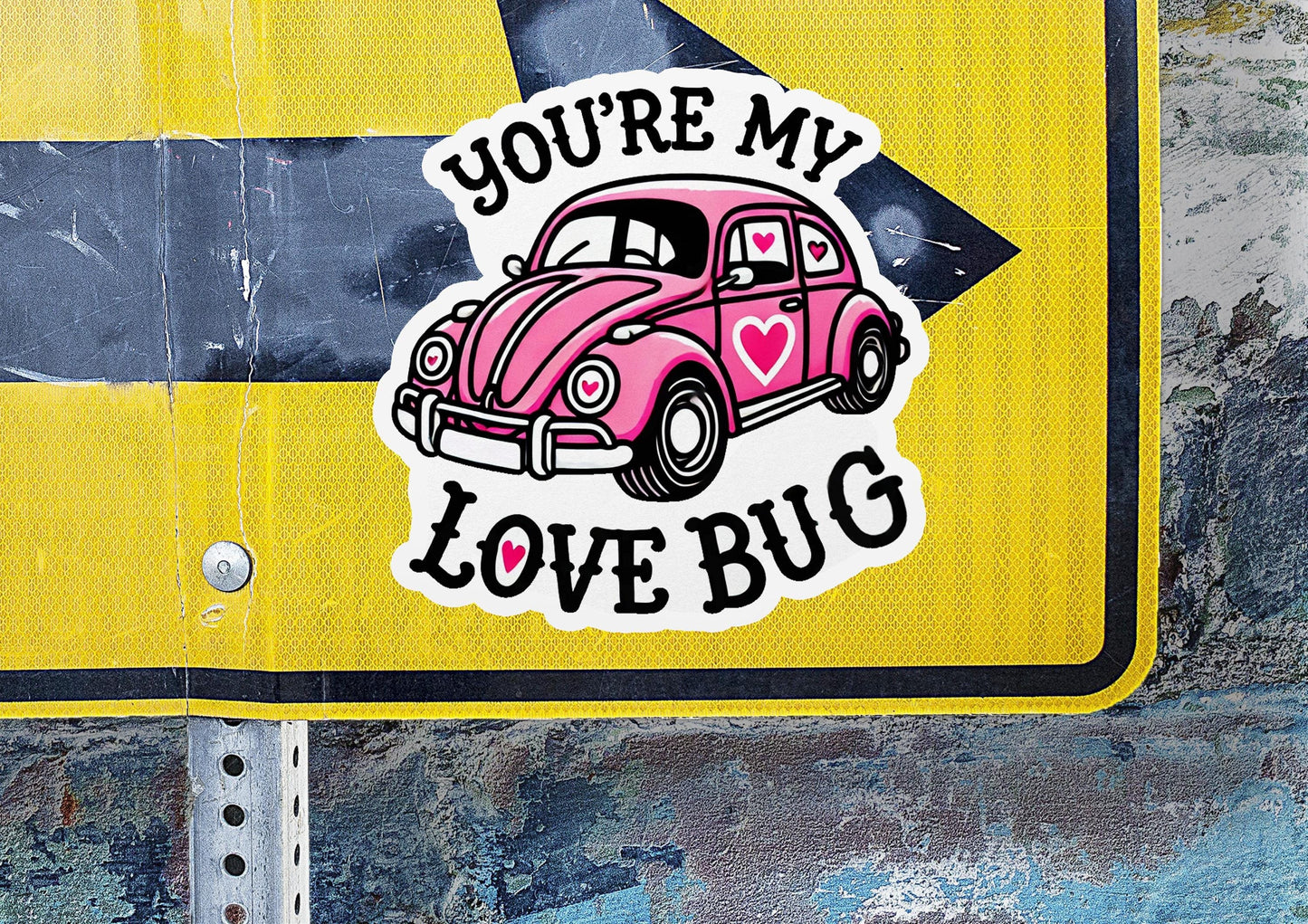 a yellow and black sign with a pink car on it