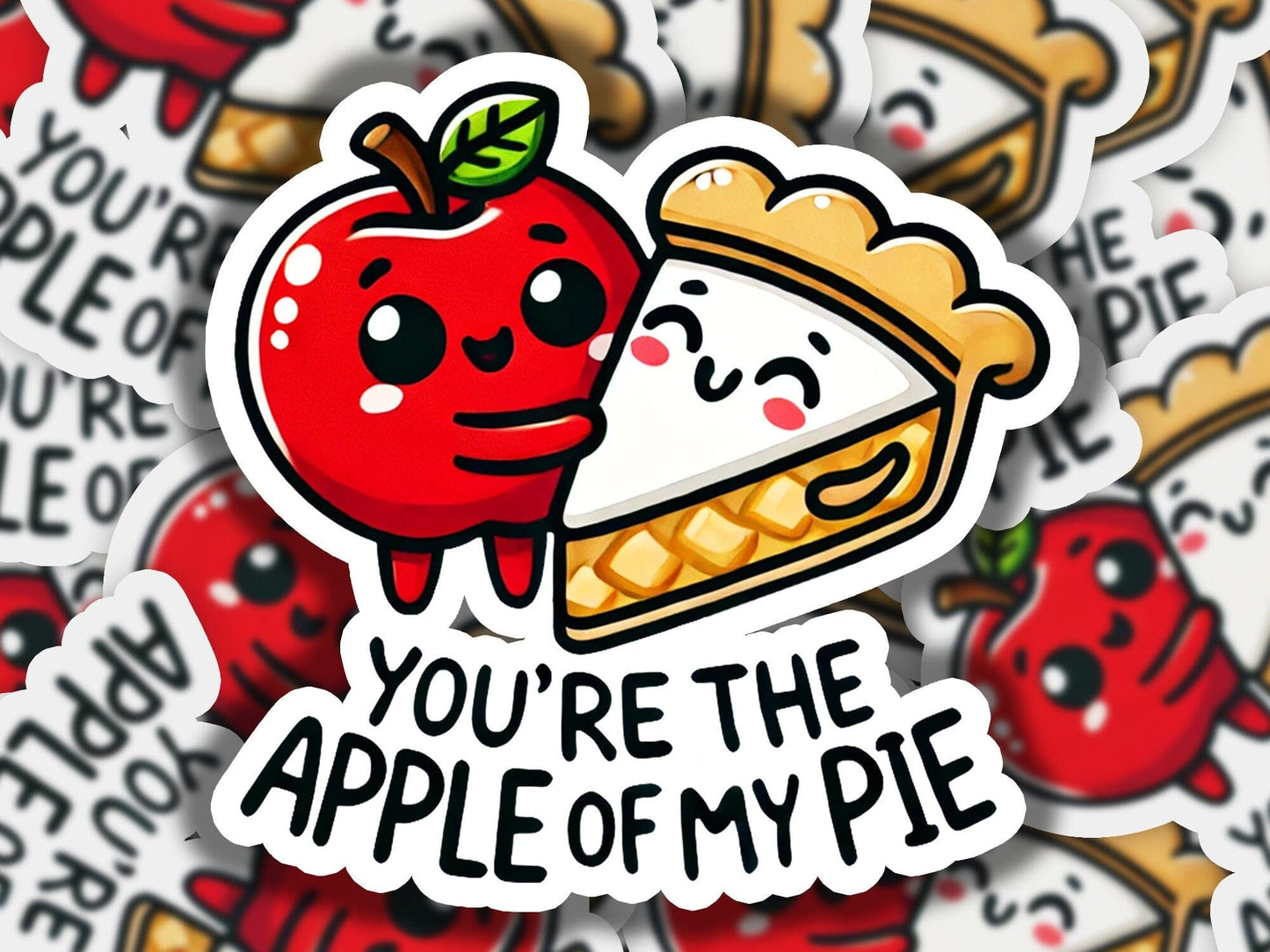a pile of stickers with an apple and a piece of pie