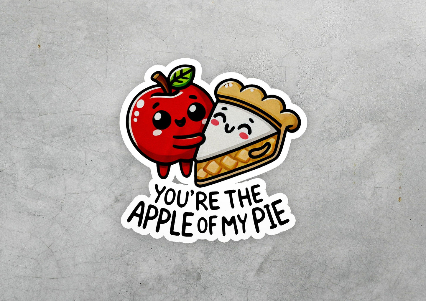 a sticker with an apple and a piece of pie