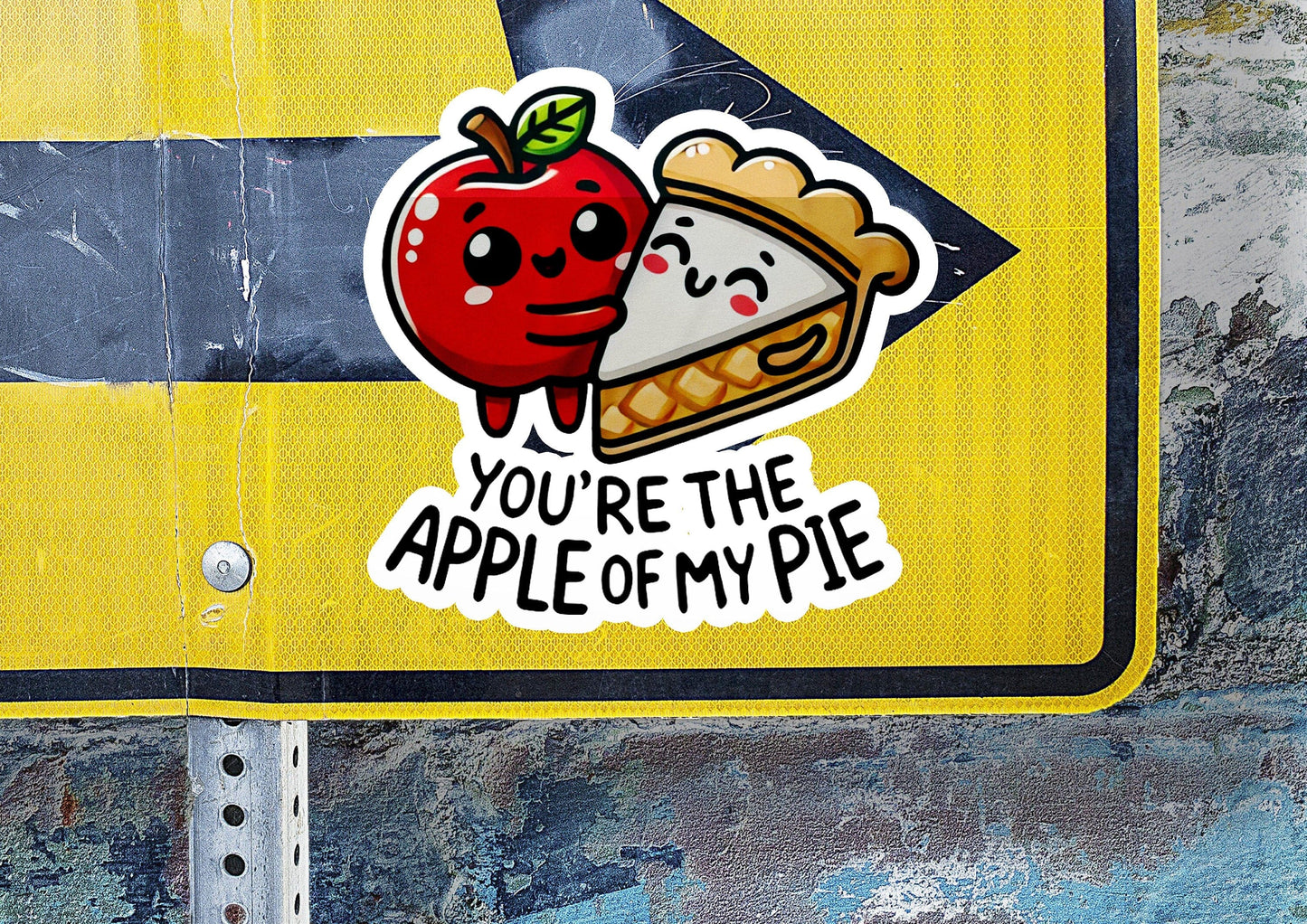 a street sign with a sticker of an apple and pie on it