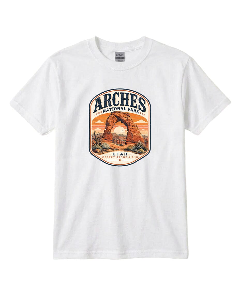 YOUTH Arches National Park Badge Chest Logo T Shirt | Hoodie | Long Sleeve | Sweatshirt | Crew Neck | Tank Top 1 Fiesta Doodle waterproof vinyl sticker. dishwasher safe outdoor sticker.