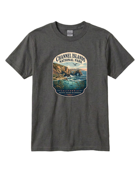 A gray t-shirt with a graphic design depicting a scenic coastal landscape, including cliffs, water, and a bird in flight.