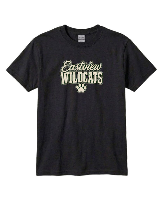A black t-shirt with the text "Eastview Wildcats" printed on it.