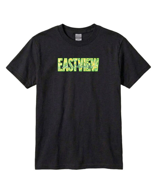 A black t-shirt with the word "EASTVIEW" printed in green and yellow letters.
