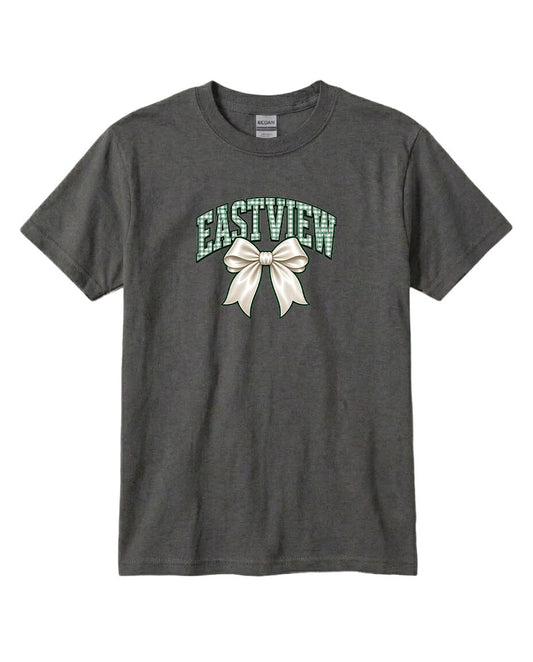 A gray t-shirt with a graphic design featuring a white bow and the word "EASTVIEW" printed on it.