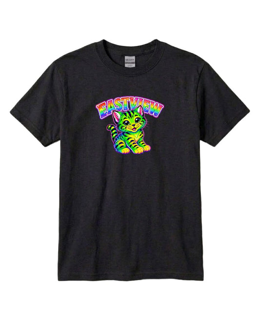 A black t-shirt with a colorful graphic of a cat and the text "EASTVIEW" printed on it.