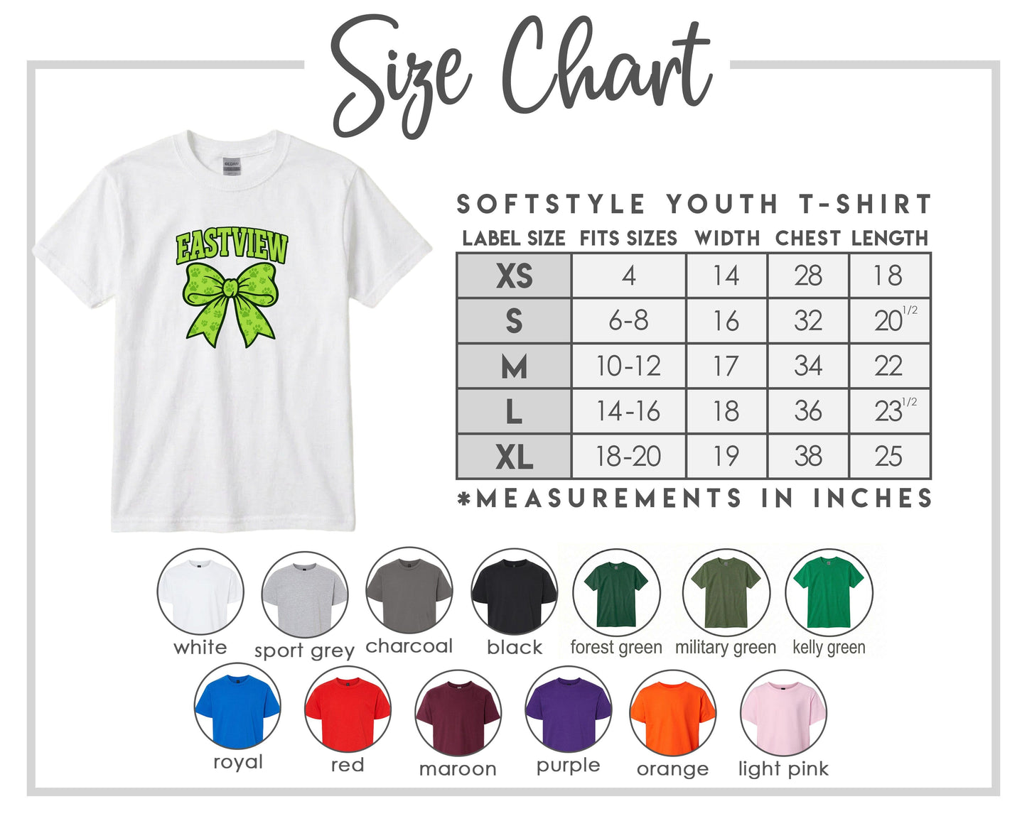 The image is a size chart for a softstyle youth t-shirt, providing measurements for different sizes and corresponding t-shirt colors.