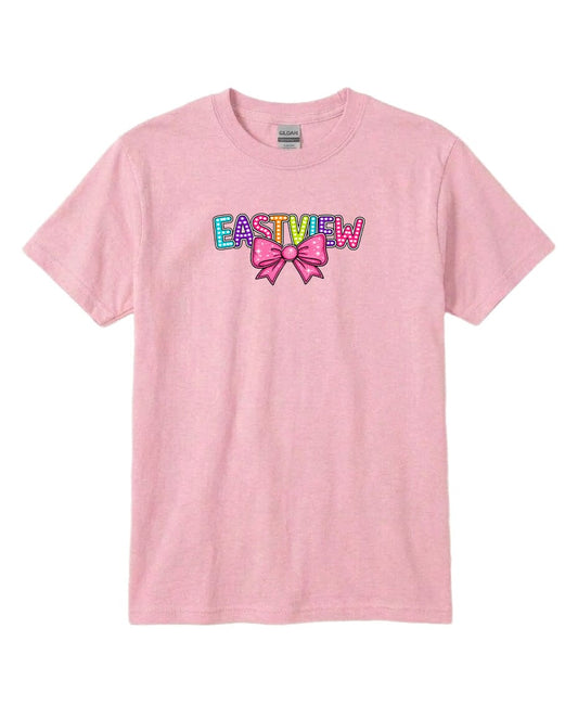 A pink t-shirt with the text "EASTVIEW" printed on it, along with a bow graphic.