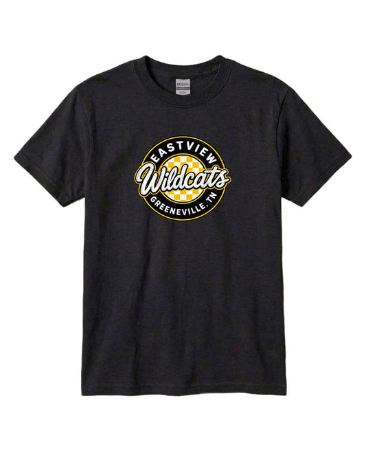 A black t-shirt with a graphic design featuring the text "EASTVIEW WILDCATS" and "GREENEVILLE, TENN."