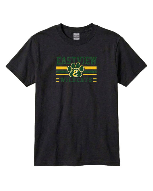 A black t-shirt with a graphic design featuring a paw print and the text "EACHVIEW WILDLIFE" printed on it.
