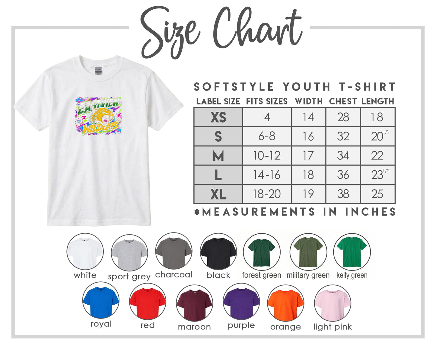 The image is a size chart for a softstyle youth t-shirt, providing measurements for different sizes and corresponding t-shirt colors.