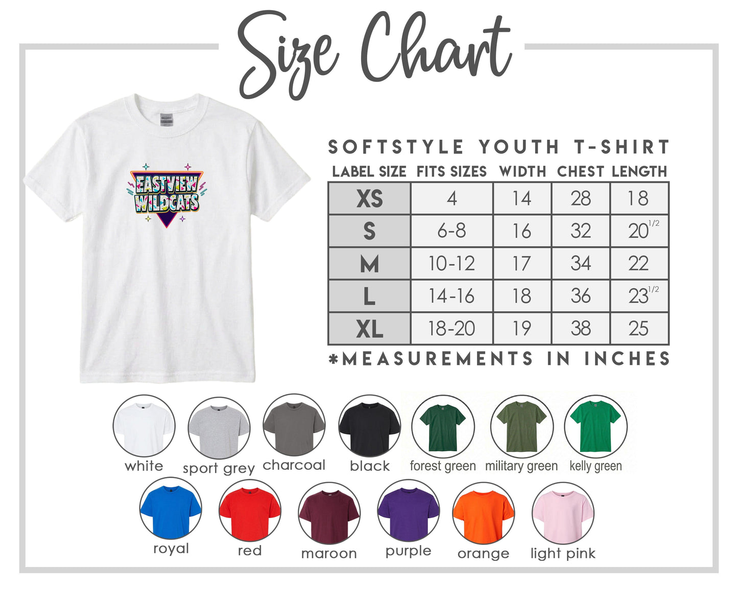 The image is a size chart for a softstyle youth t-shirt, providing measurements for different sizes and corresponding t-shirt colors.