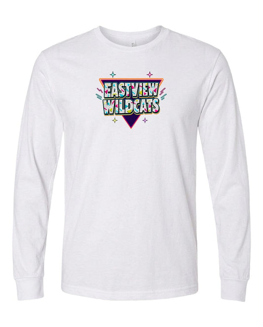 A white long-sleeved t-shirt with a colorful graphic design on the front.
