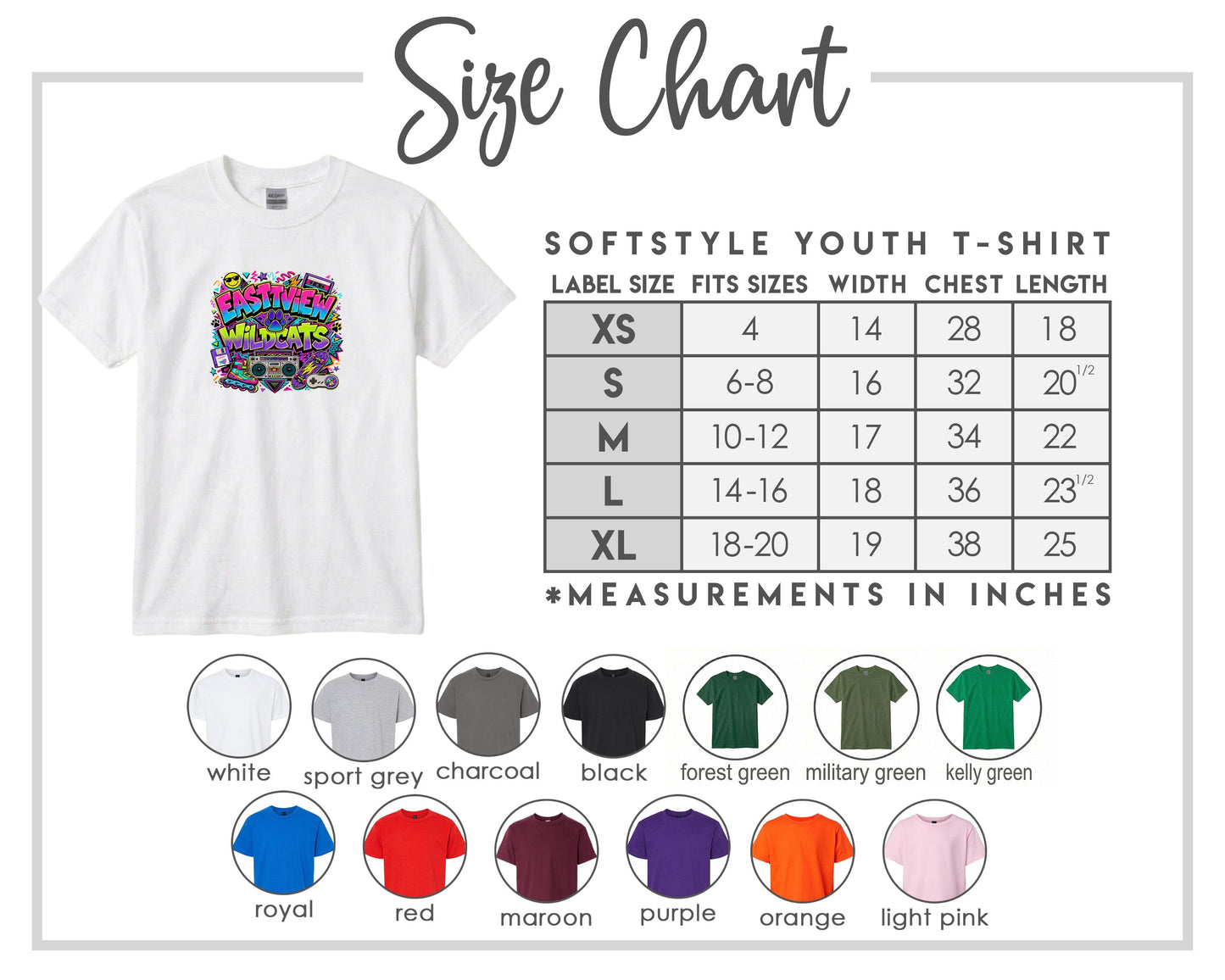 The image is a size chart for a softstyle youth t-shirt, providing measurements for different sizes and corresponding t-shirt colors.