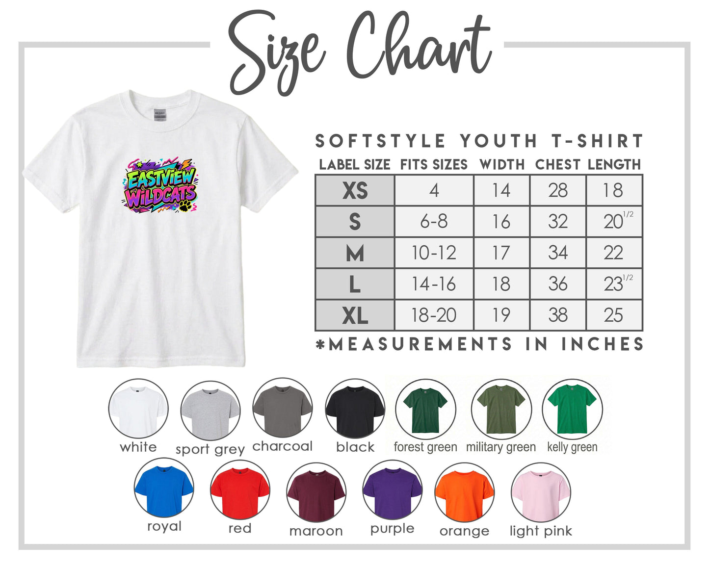 The image is a size chart for a softstyle youth t-shirt, providing measurements for different sizes and corresponding t-shirt colors.