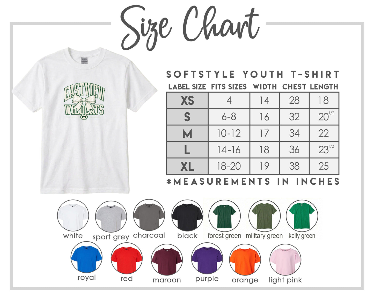 The image is a size chart for a softstyle youth t-shirt, providing measurements for different sizes and corresponding t-shirt colors.