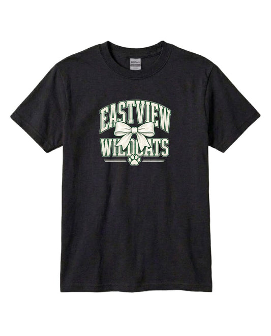 A black t-shirt with a graphic design featuring the text "EASTVIEW WILDCATS" and a bow.