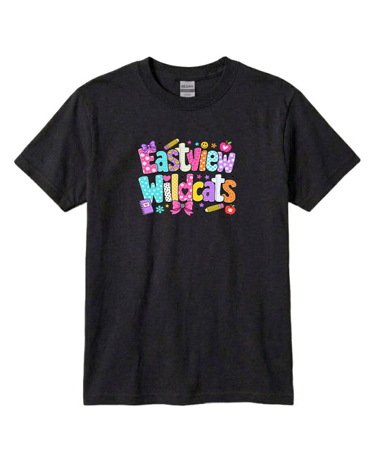 A black t-shirt with a colorful graphic design featuring the text "Eastview Wildcats" in a playful font.