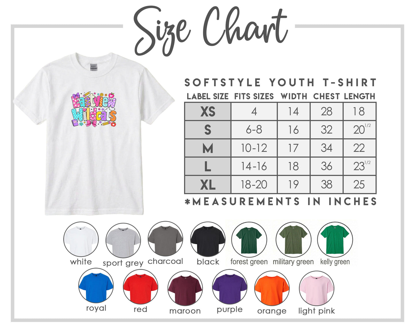The image is a size chart for a softstyle youth t-shirt, providing measurements for different sizes and corresponding t-shirt colors.