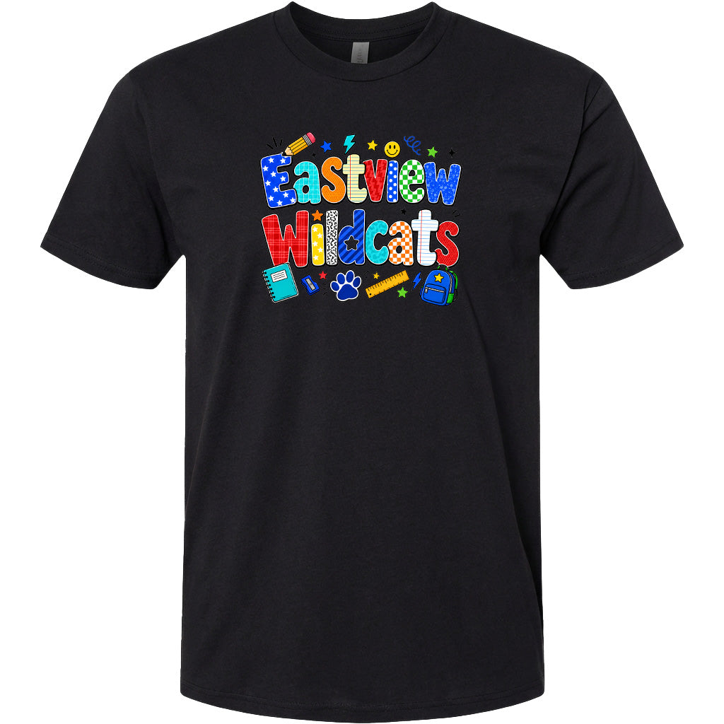 A black t-shirt with a colorful graphic design featuring the text "Eastview Wildcats" and various school-related icons such as a backpack, pencil, and book.