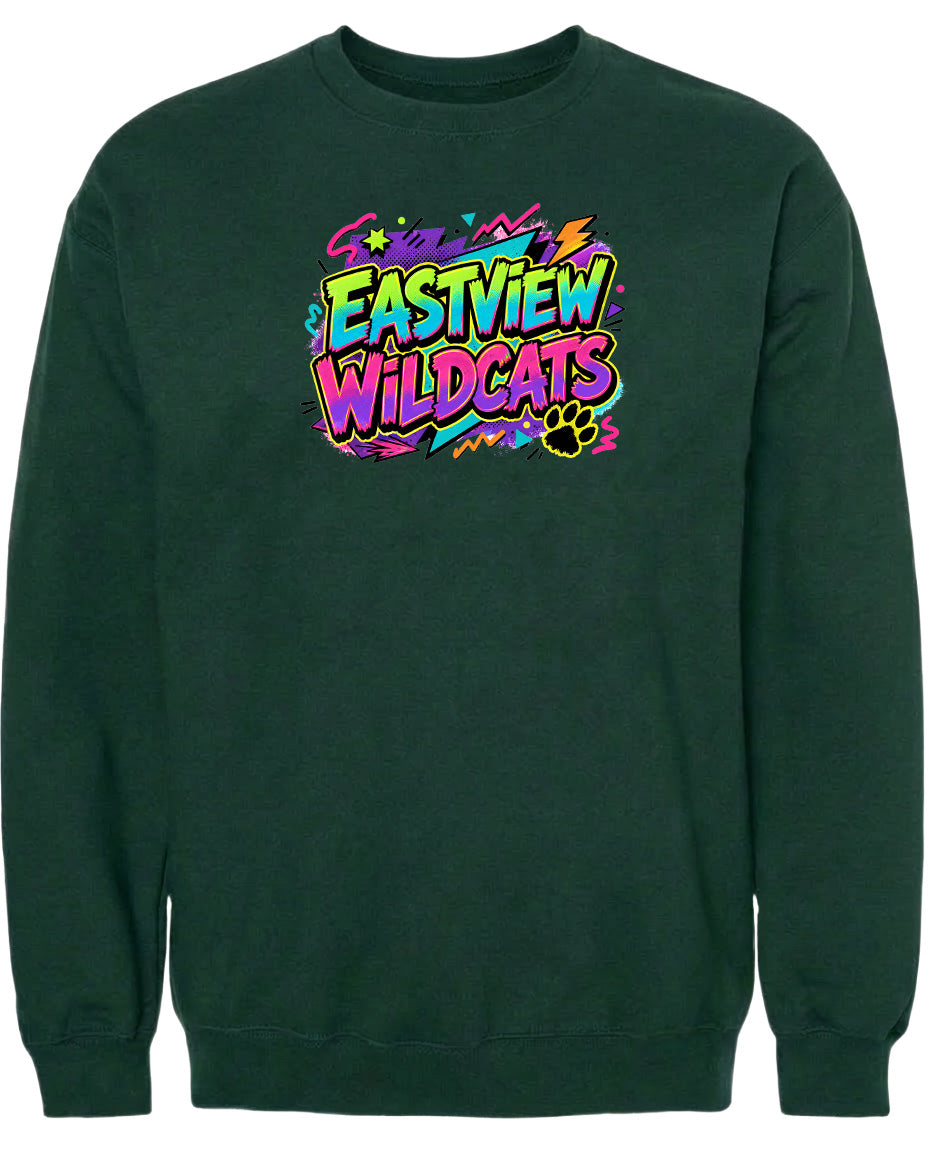 A dark green sweatshirt with a colorful graphic design on the front.