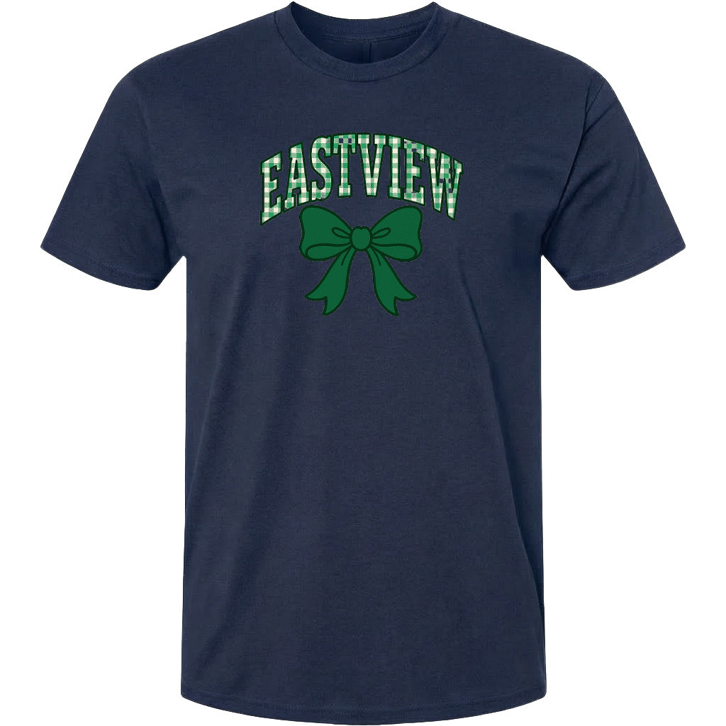 A navy blue t-shirt with a green bow and the word "EASTVIEW" printed on it.