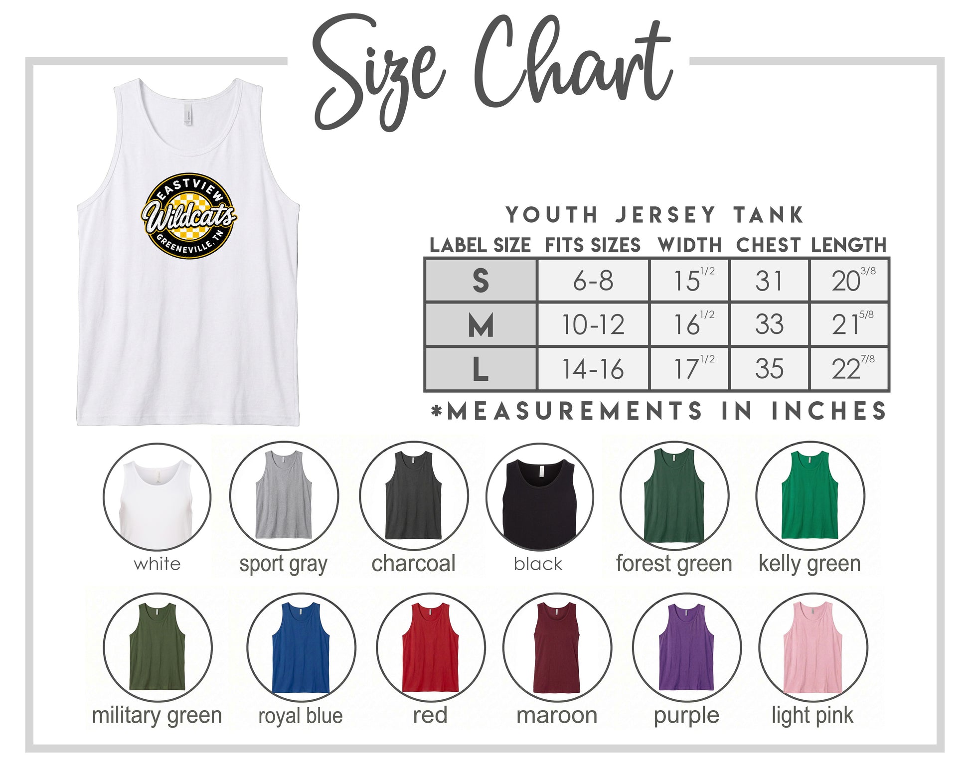 The image is a size chart for a youth jersey tank, displaying various color options and corresponding measurements in inches.