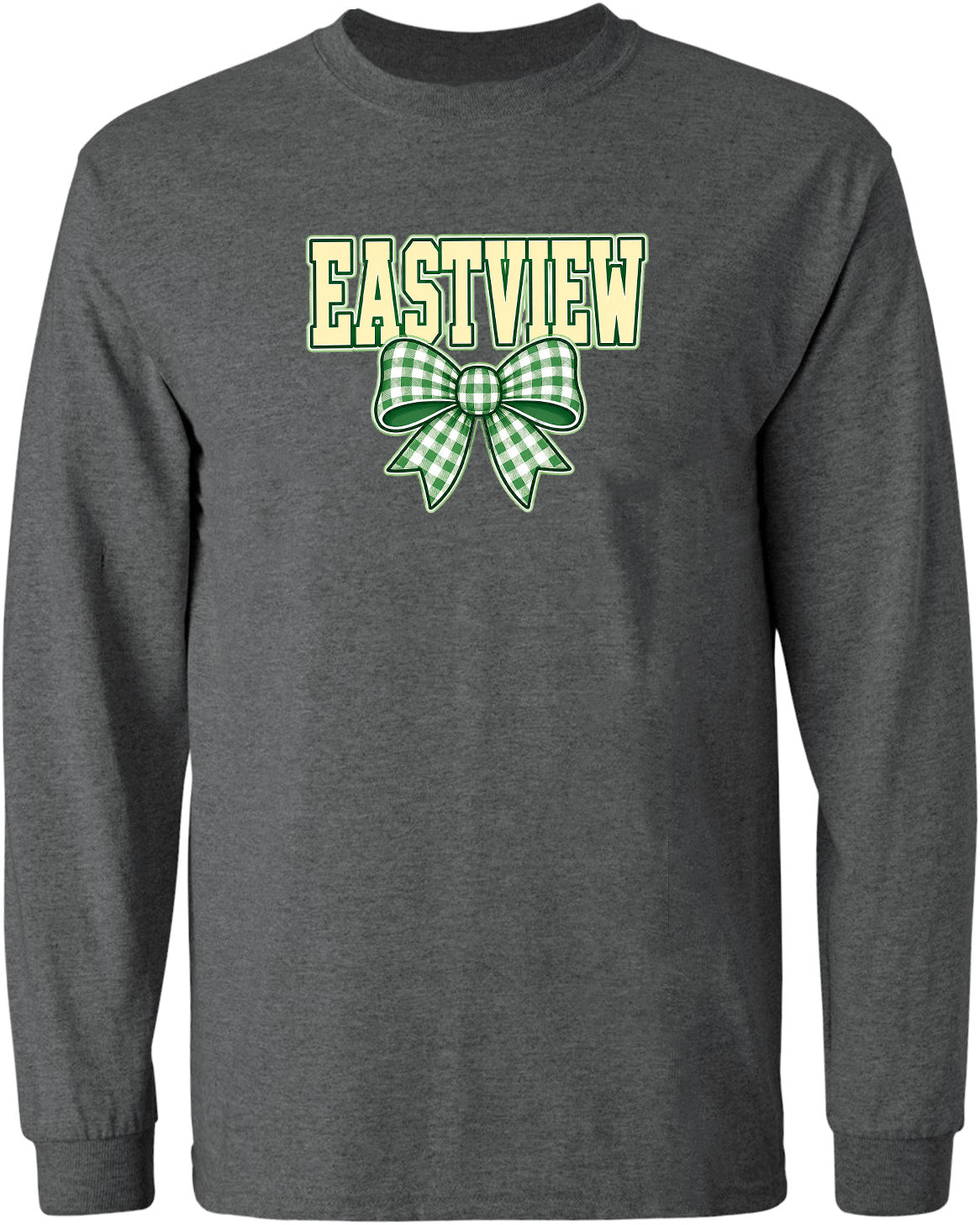 A gray long-sleeved t-shirt with a green and white checkered bow and the word "EASTVIEW" printed on it.