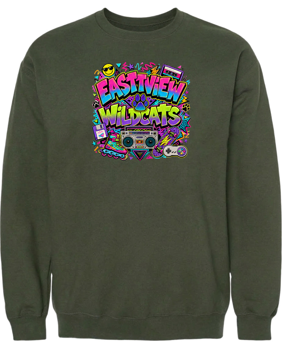 A dark green sweatshirt with a colorful graphic design featuring the text "EASTVIEW WILDCATS" surrounded by various icons and elements, such as a boombox, a skateboard, and a peace sign.