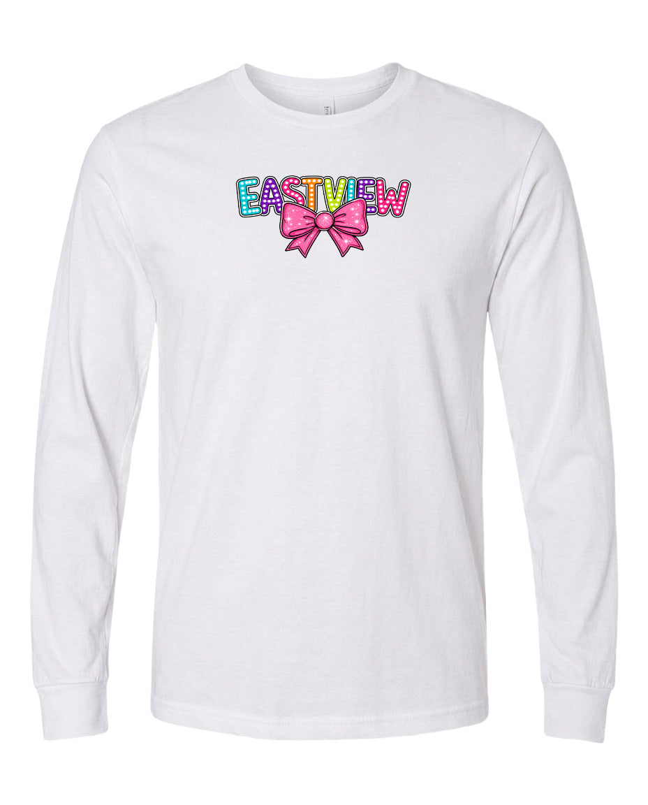 A white long-sleeved t-shirt with a colorful graphic design on the front.