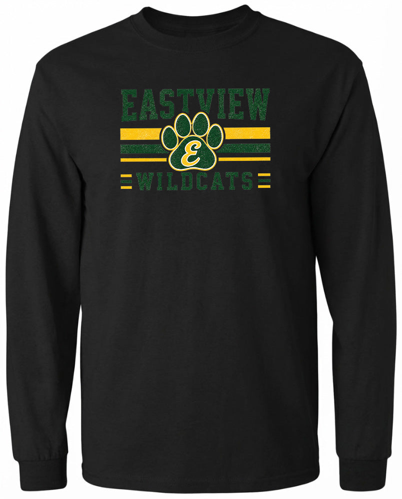 A black long-sleeved shirt with a graphic design featuring a paw print and the text "EASTVIEW WILDCATS" printed on it.