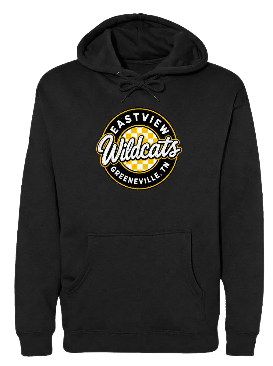 A black hoodie with a logo that says "EASTVIEW Wildcats Greeneville IN".