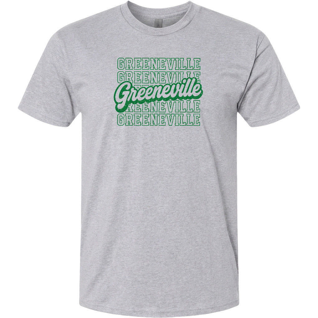A gray t-shirt with the text "GREENVILLE" printed in green and white.