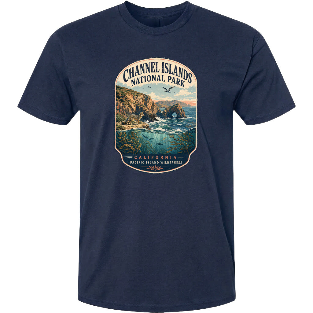 A graphic t-shirt design featuring a scenic landscape with a coastal area, cliffs, and water.