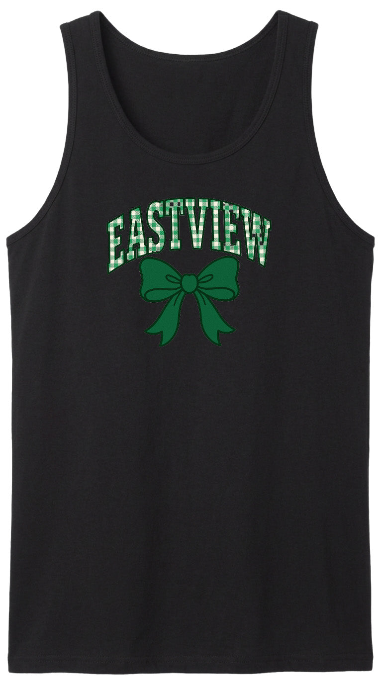 A black tank top with the text "EASTVIEW" and a green bow printed on it.