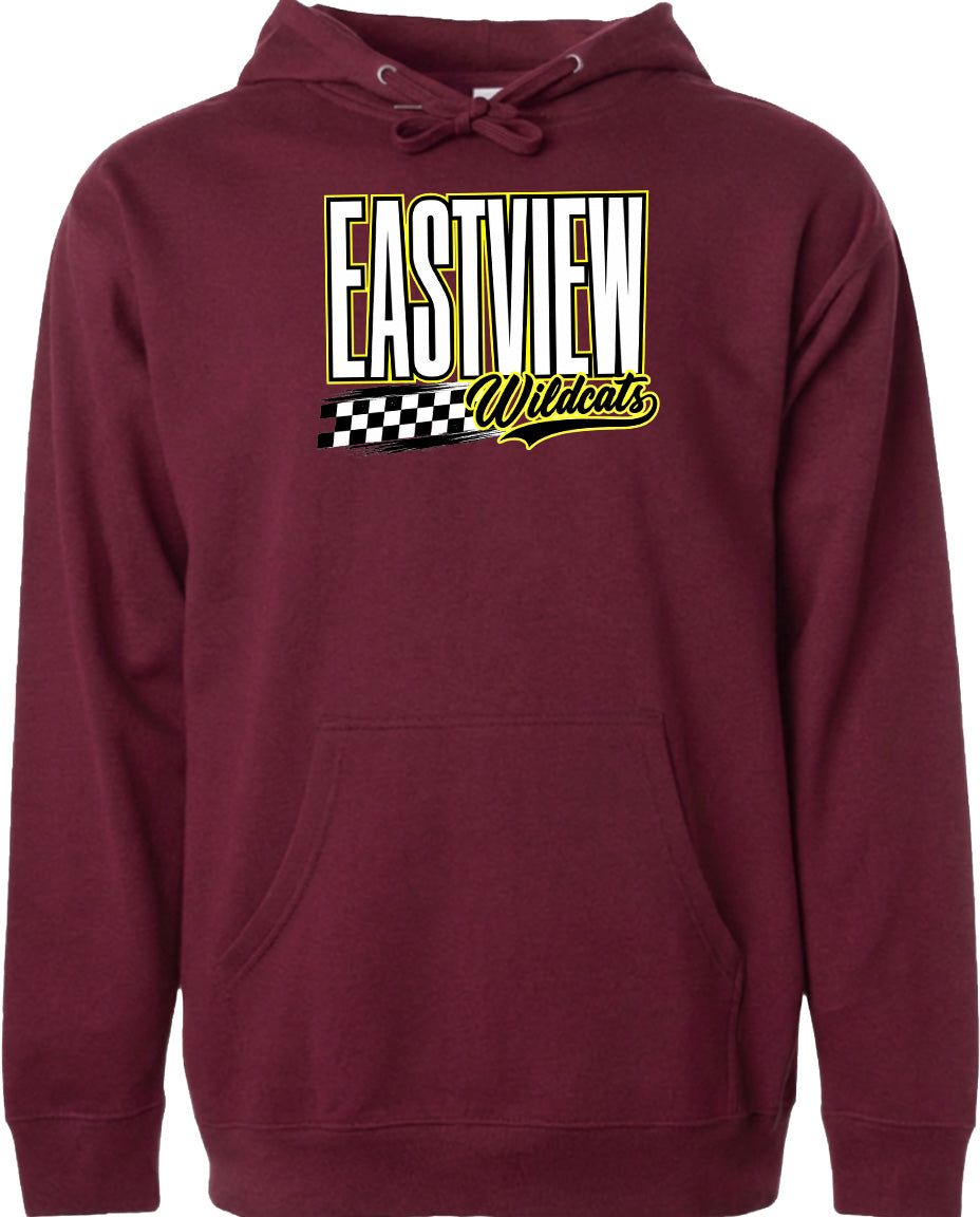 A burgundy-colored hoodie with a graphic design on the front. The design features the text "EASTVIEW Wildcats" in a stylized font, along with a checkered pattern.
