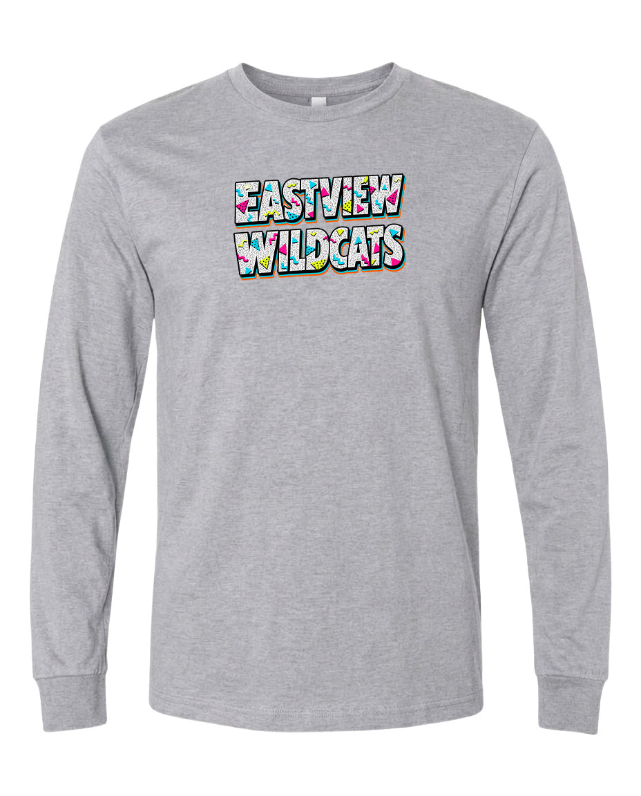 A gray long-sleeved t-shirt with the text "EASTVIEW WILDCATS" printed on it in a colorful, stylized font.