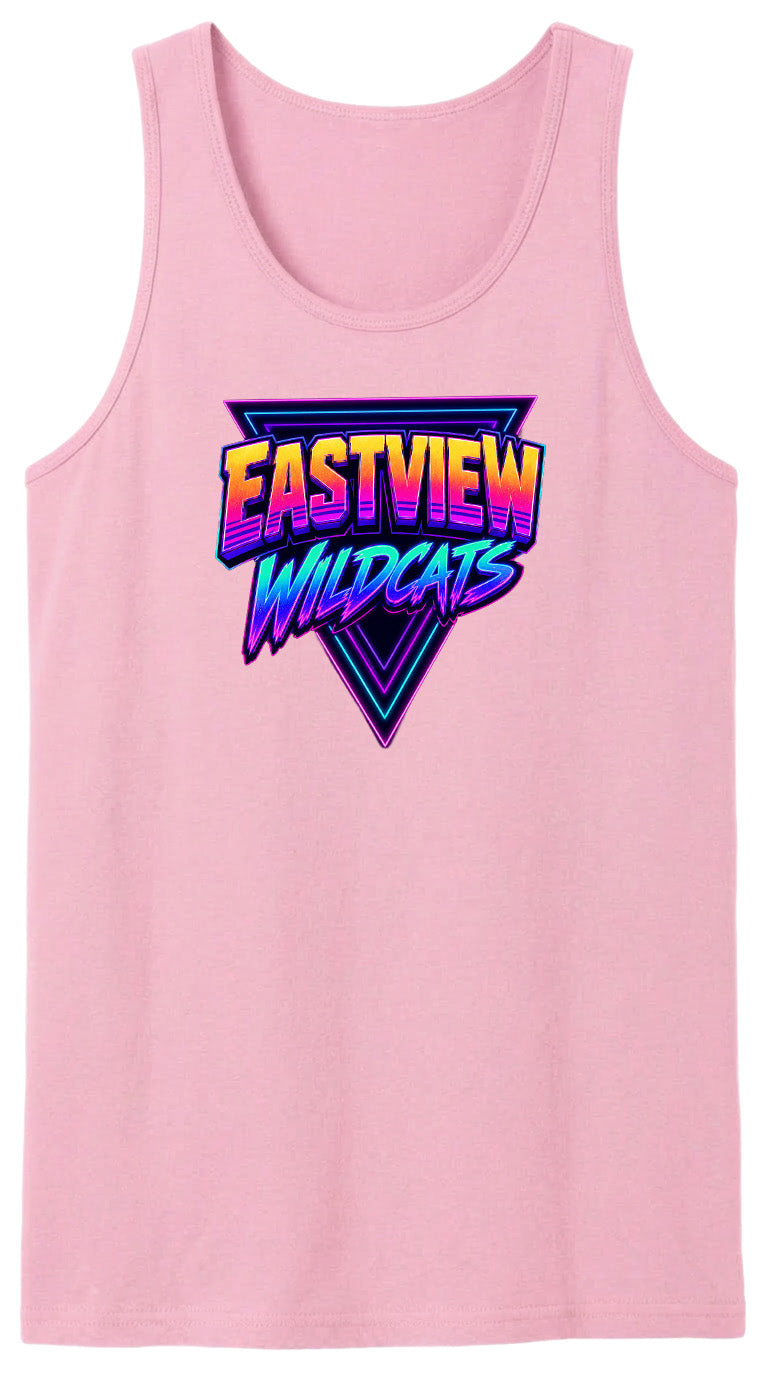 A pink tank top with a graphic design featuring the text "EASTVIEW WILDCATS" in a retro, neon-style font.