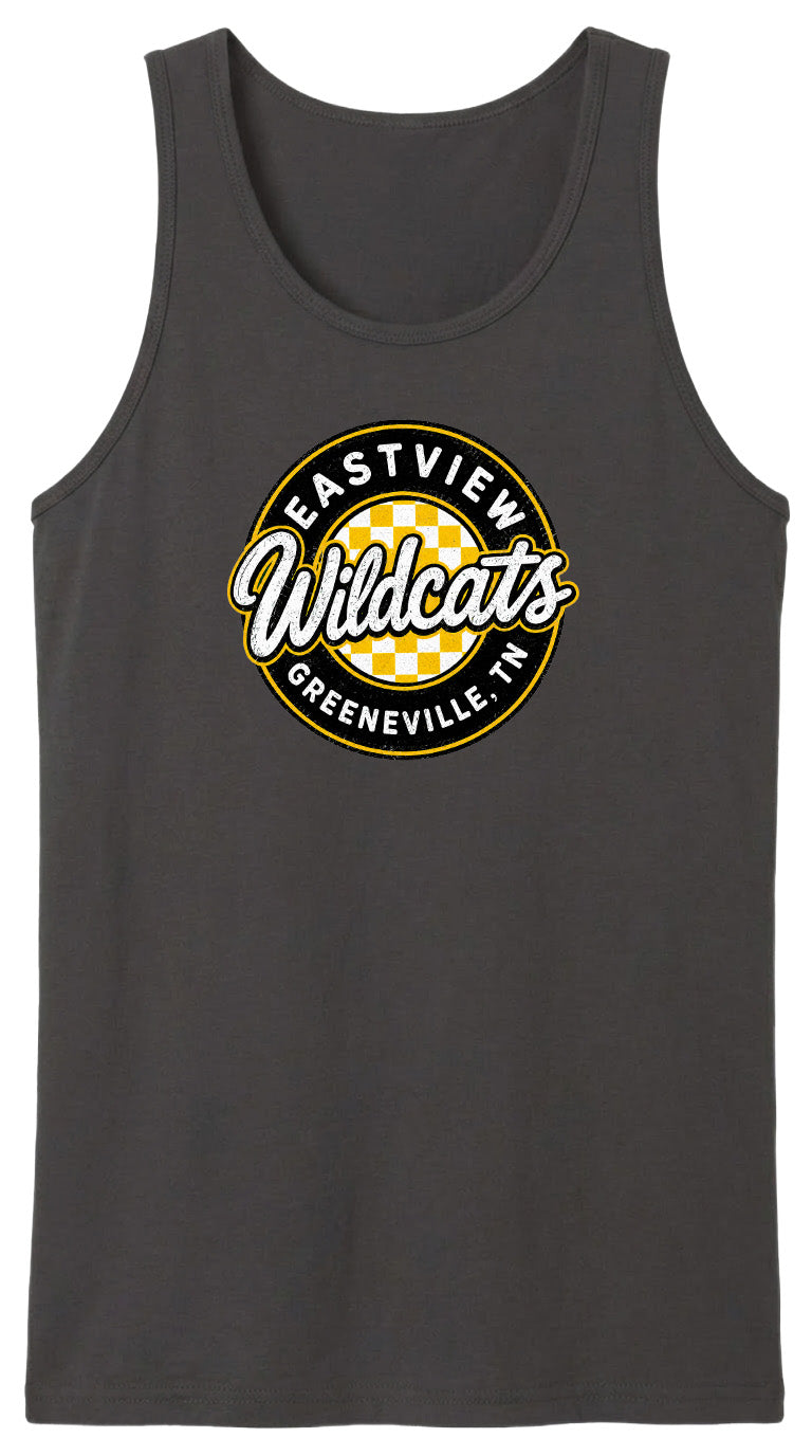 A gray tank top with a circular logo that says "EASTVIEW Wildcats Greeneville, TN".